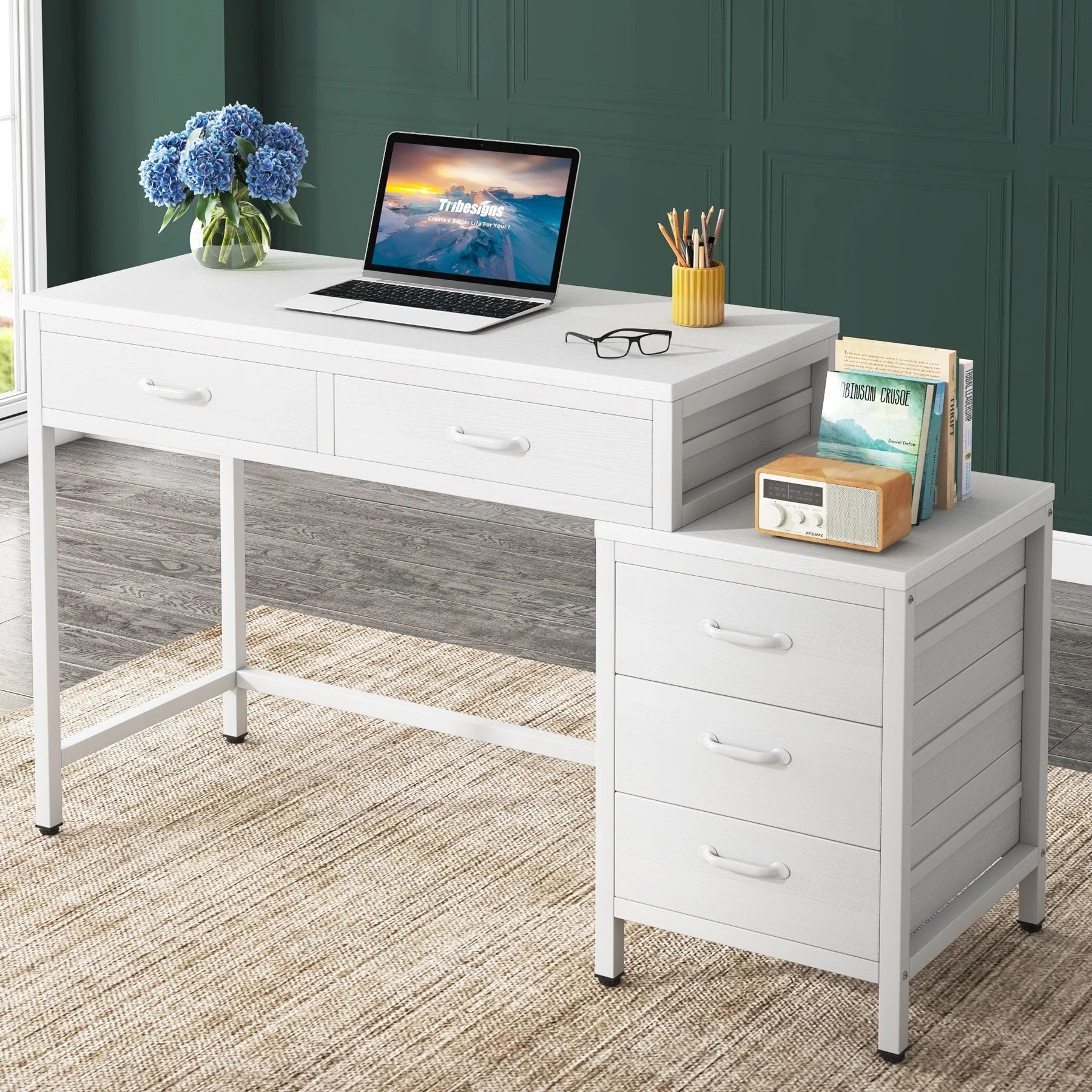 Bureau réversible avec 5 tiroirs, Bureau d'ordinateur de maison avec tiroir classeur et support d'imprimante