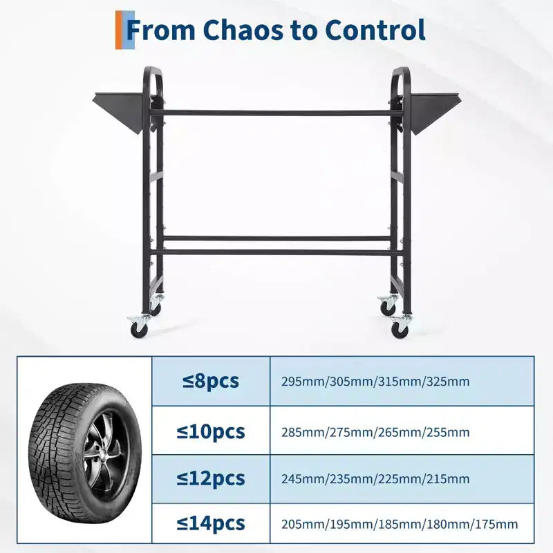 Support à pneus, capacité de 227 kg, support de rangement de pneus roulant réglable avec 2 étagères et 4 roulettes pivotantes pour garage, pneus de VUS et de camions, noir