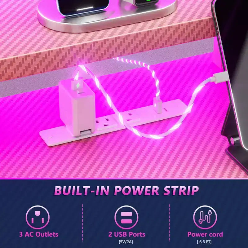 Bureau de jeu en L de 47 pouces rose pour petits espaces, table d'angle pour ordinateur avec support de moniteur, étagères de rangement, bureau de gamer en fibre de carbone, robuste pour salle PC