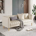 Canapé moderne en similicuir 83, 3 places avec assise profonde et pieds en bois, coussins ergonomiques et 2 coussins décoratifs pour salon, chambre ou appartement