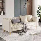 Canapé moderne en similicuir 83, 3 places avec assise profonde et pieds en bois, coussins ergonomiques et 2 coussins décoratifs pour salon, chambre ou appartement