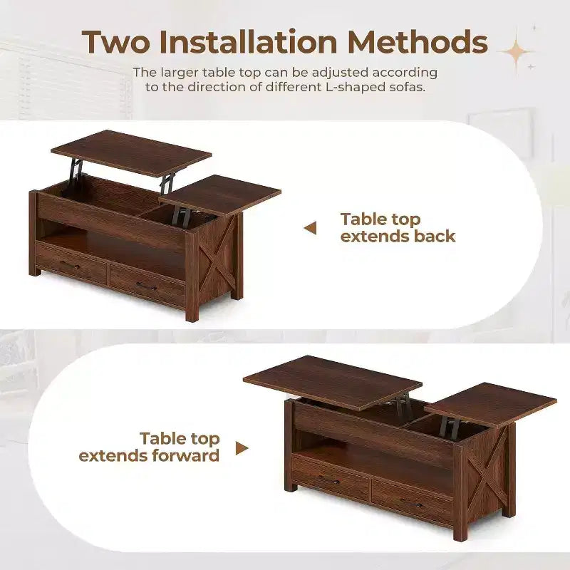 Table basse double de 120 cm de hauteur réglable, marron, avec tiroirs de rangement ; table de canapé réglable en hauteur à deux parties avec étagères cachées.