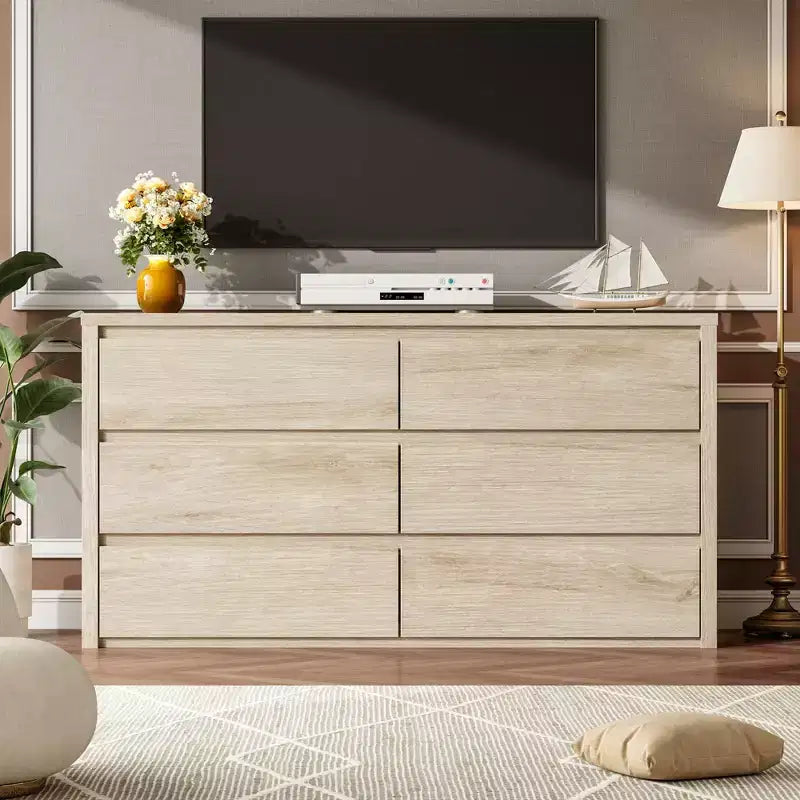 Commode large en bois à 6 tiroirs - Meuble de rangement moderne sans poignée pour chambre, salon, couloir et entrée, grande commode.