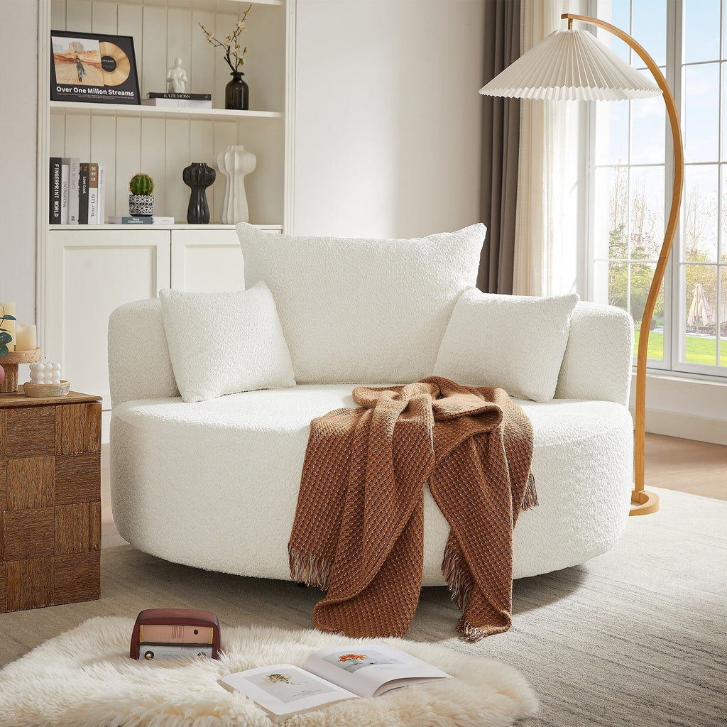 Fauteuil baril accent en chenille, Fauteuil de salon, Fauteuil rond avec base pivotante à 360 degrés et 3 coussins amovibles