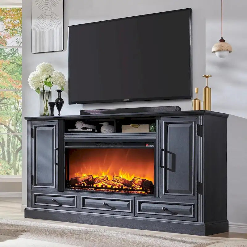 Meuble TV de cheminée de ferme pour téléviseur de 80 pouces, Centre de divertissement