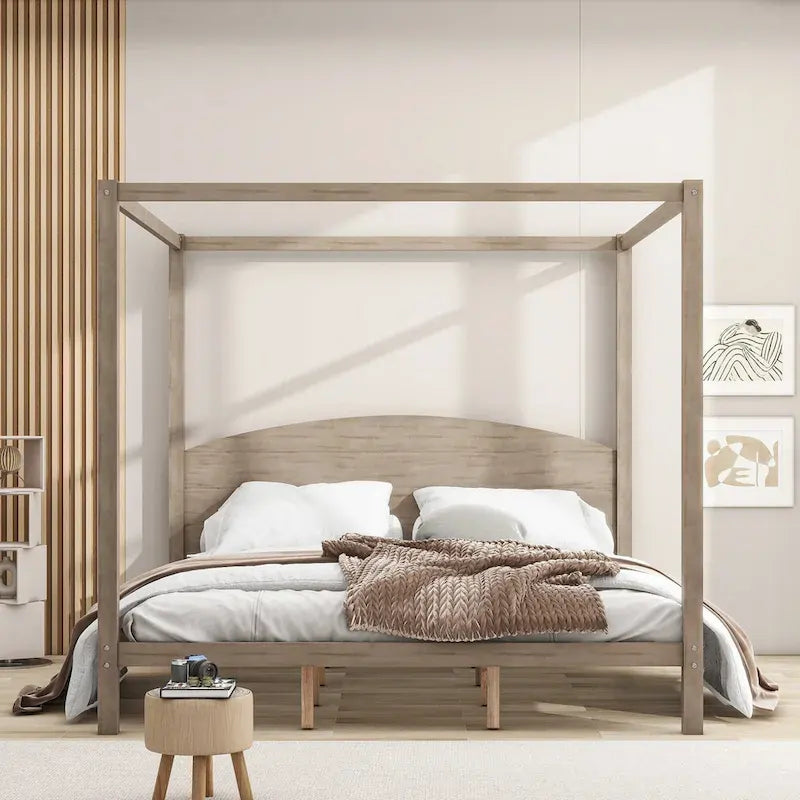 Lit plateforme à baldaquin King Size en pin avec tête de lit classique en bois, cadre de lit rembourré, aucun sommier tapissier requis, montage facile