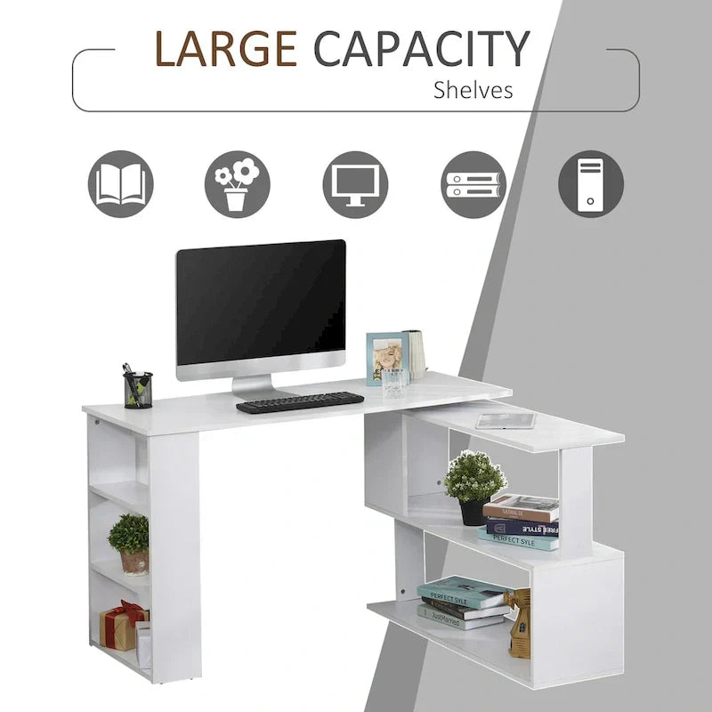 Bureau d'angle en L rotatif à 360° HOMCOM : Blanc, avec étagères de rangement