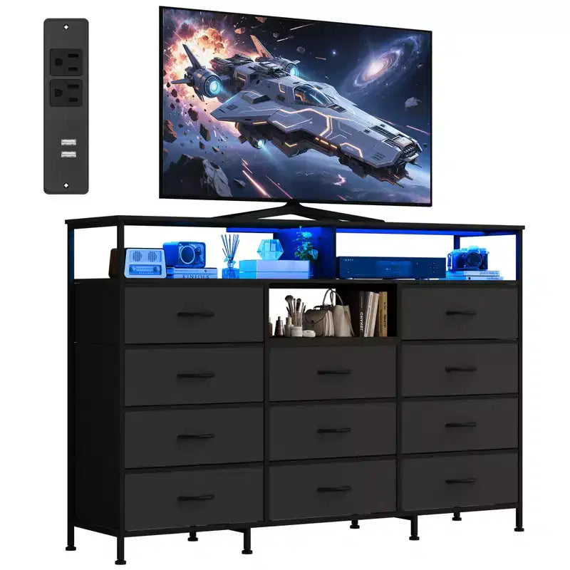 COZONY Meuble TV 55 avec commode en tissu 11 tiroirs et étagères ouvertes, organisateur de rangement pour chambre et salon