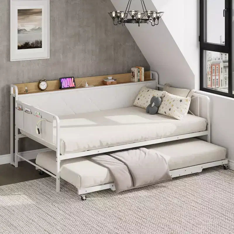 Lit de repos avec lit gigogne et lumière LED, cadre de lit double avec tête de lit rembourrée et station de charge, cadre de lit de repos en métal ou pour salon