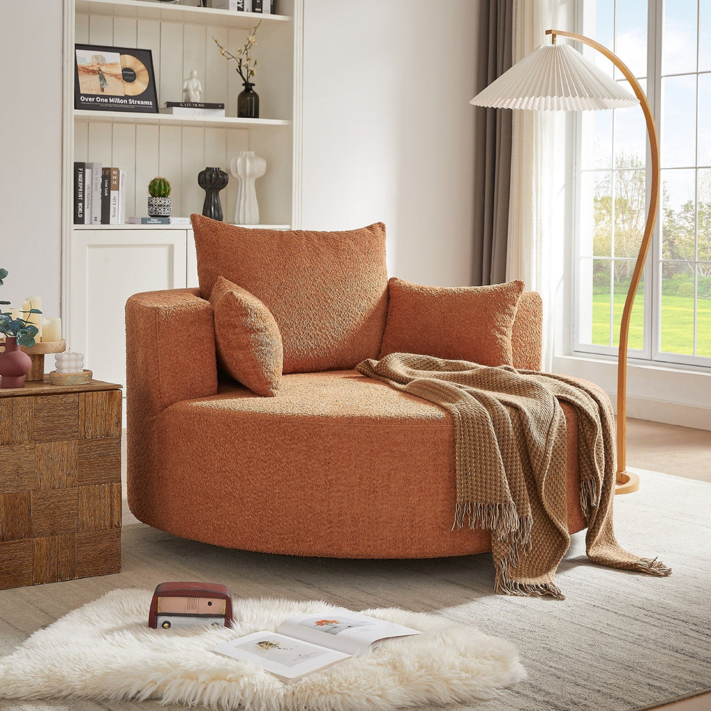 Fauteuil baril accent en chenille, Fauteuil de salon, Fauteuil rond avec base pivotante à 360 degrés et 3 coussins amovibles