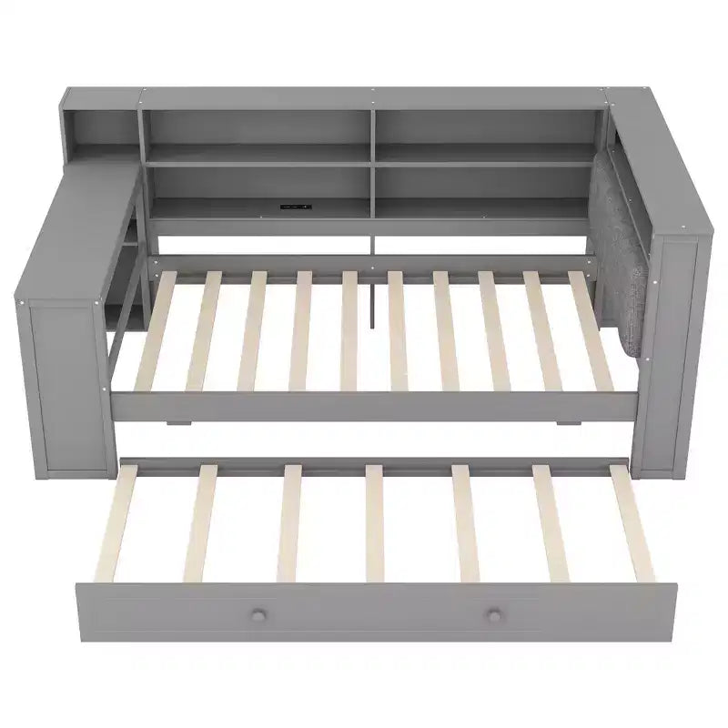 Lit plateforme double en bois Luxystar avec tête de lit capitonnée, 8 étagères de rangement, lit gigogne et bureau