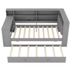 Lit plateforme double en bois Luxystar avec tête de lit capitonnée, 8 étagères de rangement, lit gigogne et bureau
