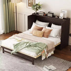 Lit escamotable Whisen Queen Size en pin avec décoration en rotin et tiroir de rangement