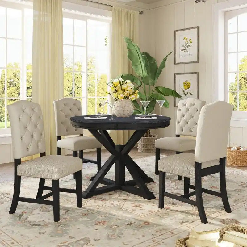Ensemble de table à manger de style rétro et fonctionnel avec table extensible et 4 chaises rembourrées pour salle à manger et salon