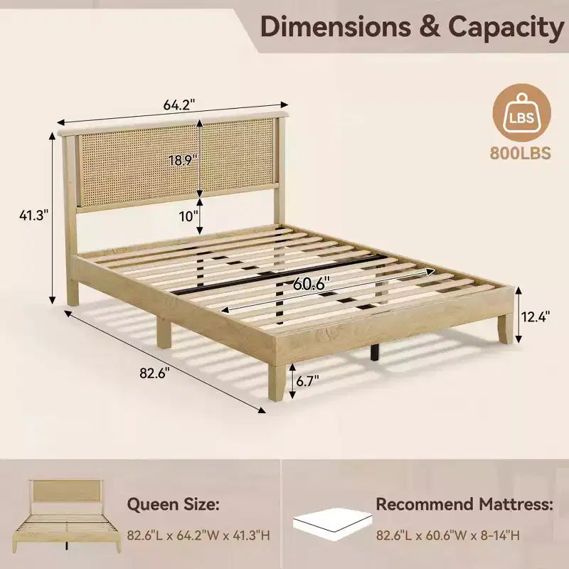 Cadre de lit plateforme Dyonery Queen Size en rotin et bois - Tête de lit bohème naturelle, lattes en bois robustes, silencieux, aucun sommier tapissier requis, poids maximal de 360 kg
