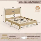 Cadre de lit plateforme Dyonery Queen Size en rotin et bois - Tête de lit bohème naturelle, lattes en bois robustes, silencieux, aucun sommier tapissier requis, poids maximal de 360 kg