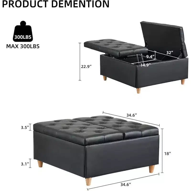 Table basse coffre de rangement Acekool, plateau relevable, capitonné, 90x90x51 cm