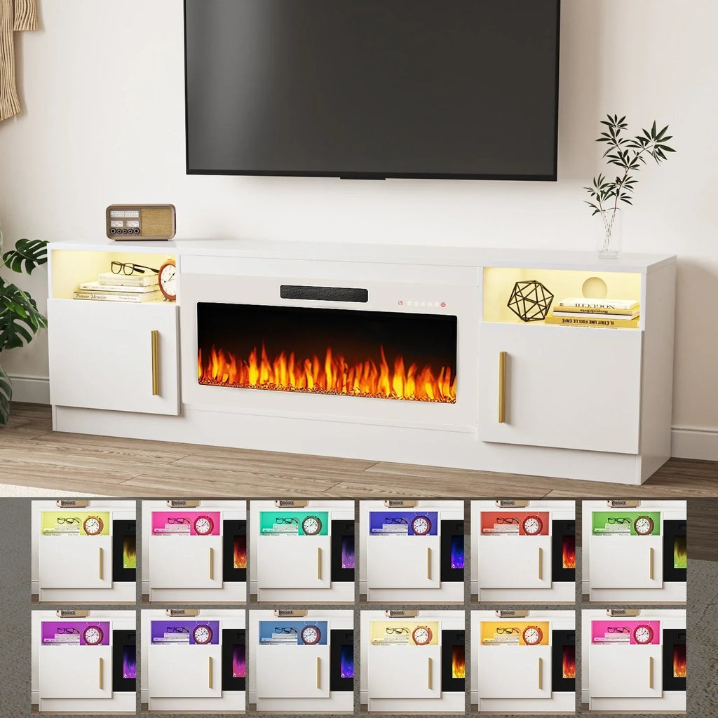 Meuble TV cheminée Bossin 70 avec cheminée électrique 36, meuble TV pour téléviseurs jusqu'à 80 pouces, lumières LED 16 couleurs/centre de divertissement