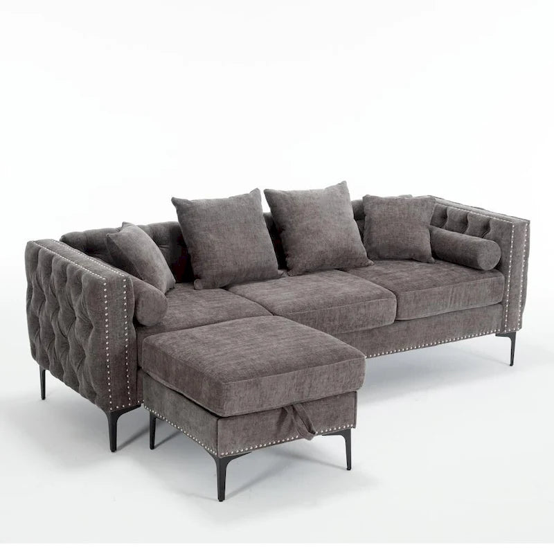 Canapé sectionnel convertible moderne en forme de L en chenille capitonnée