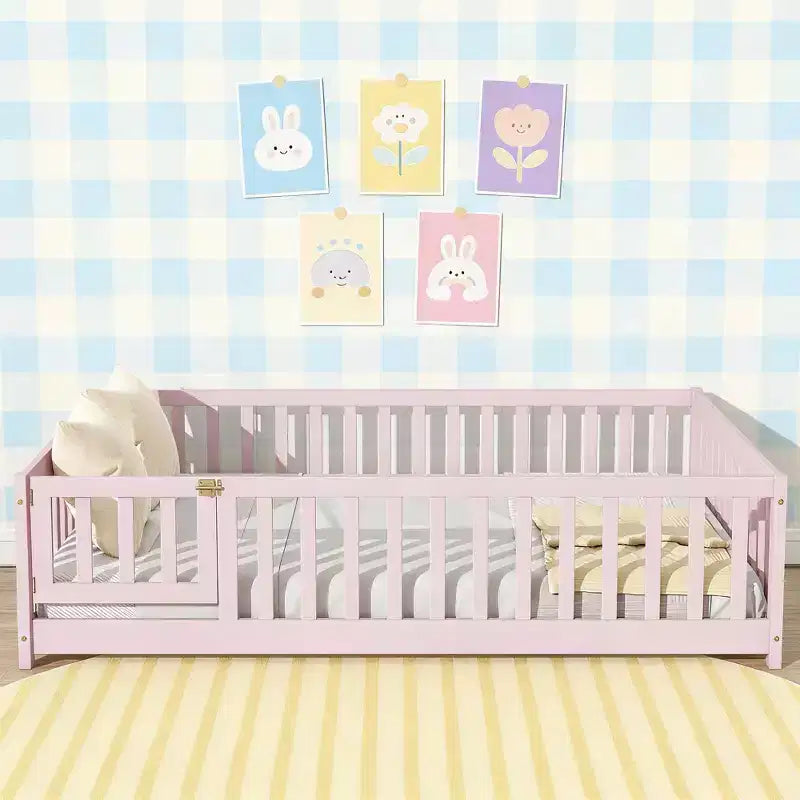 Lit au sol pleine grandeur Luxystar avec clôture et porte pour chambre d'enfant