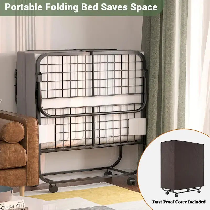 Lit d'appoint pliant roulant en acier gris et noir avec matelas en mousse à mémoire de forme de 5 et roues pour 1 personne