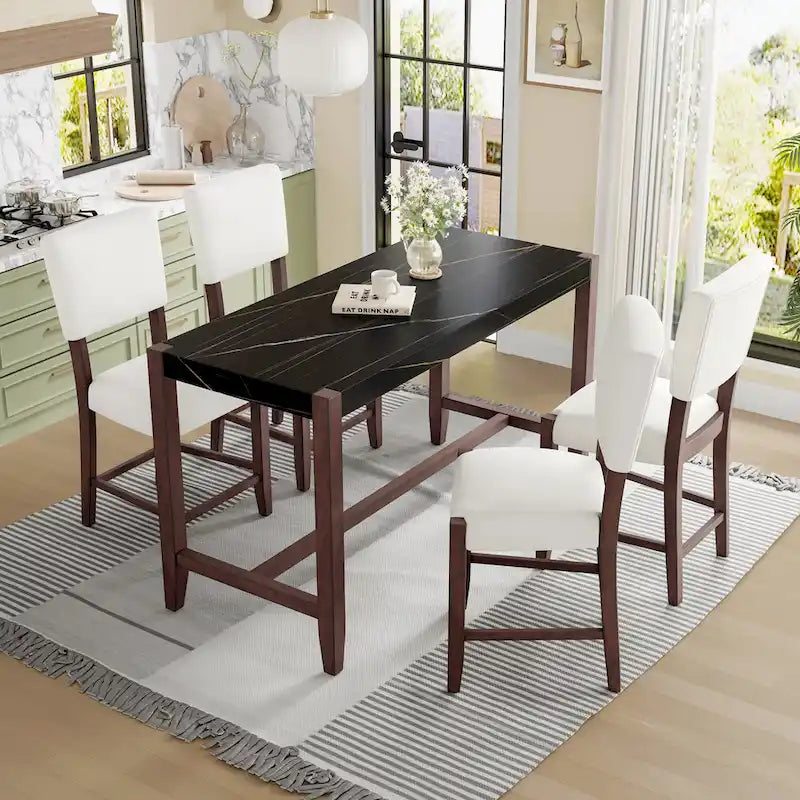 Ensemble de salle à manger 5 pièces à hauteur de comptoir, table de bar en faux marbre et 4 chaises rembourrées