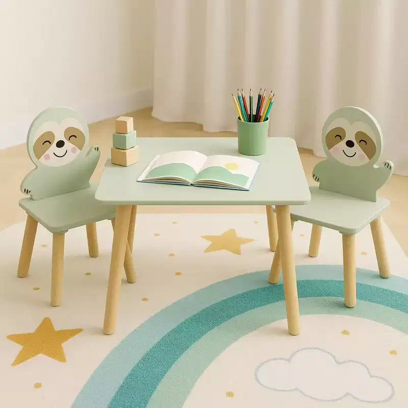 Table et chaises en bois Etokfoks Sloth pour enfants avec 2 chaises animaux Vert sauge pour salle de jeux, chambre, salle de classe