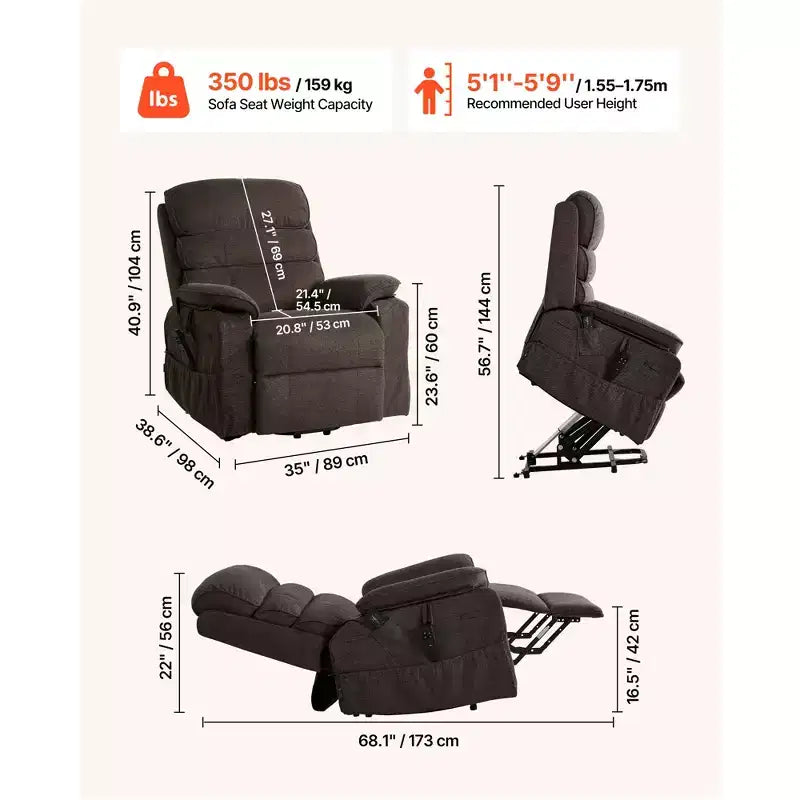 Fauteuil inclinable et releveur électrique VEVOR, Fauteuil releveur double moteur de taille moyenne avec chauffage et massage pour personnes âgées, Position réglable, Télécommande, Marron