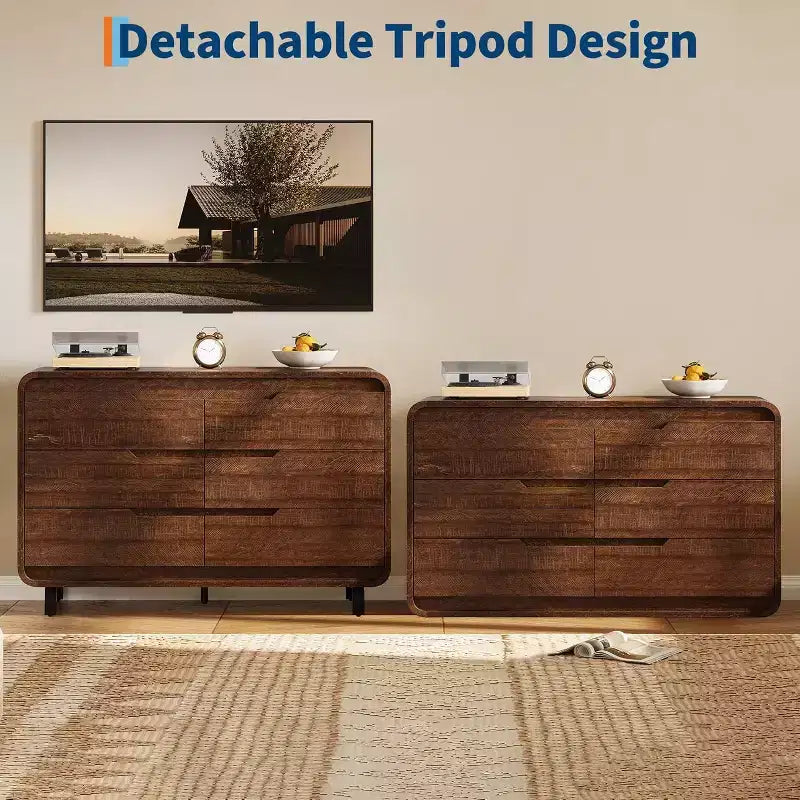 Commode à 6 tiroirs GustoWave, commode en bois avec pieds en métal et kit anti-basculement, meuble de rangement à coins arrondis pour chambre ou salon