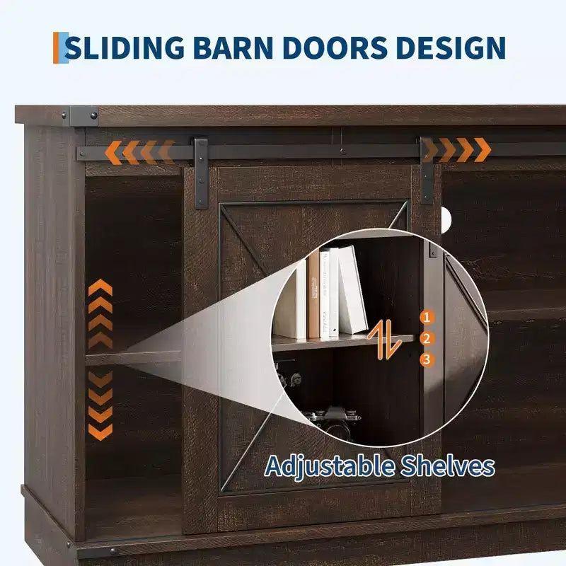 Meuble TV de style rustique pour téléviseurs jusqu'à 65 pouces, meuble de rangement avec portes coulissantes de grange, placards de rangement en bois et étagère réglable