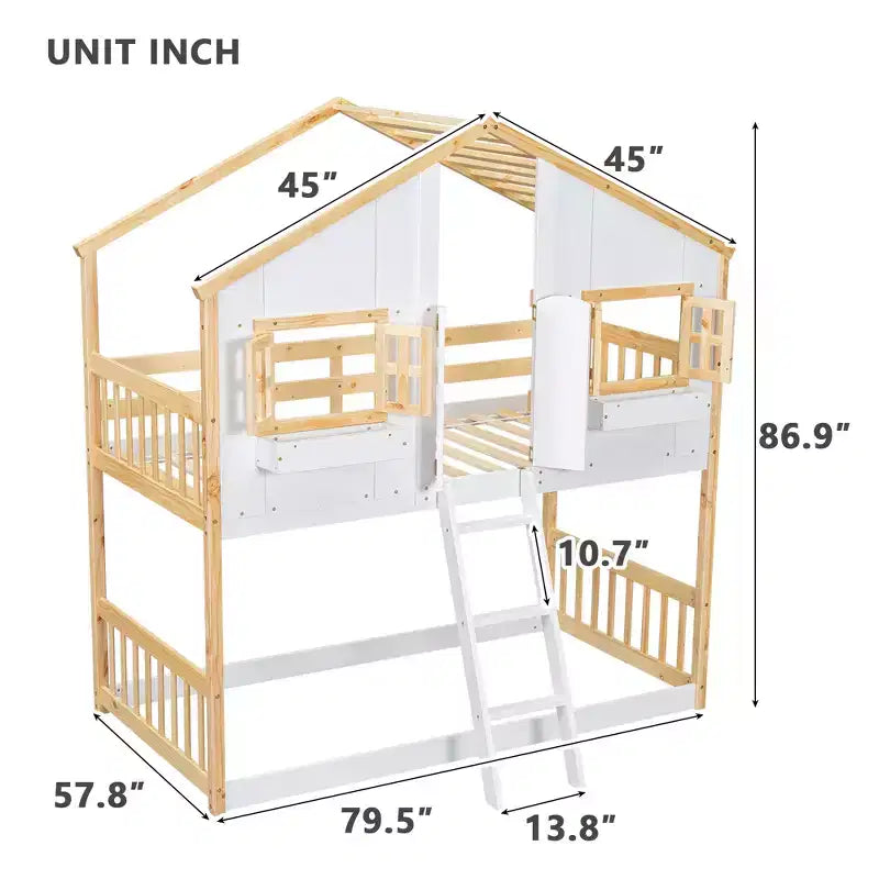 Lit superposé Whisen Twin sur Twin avec toit, fenêtre, jardinière, porte, barrières de sécurité et échelle