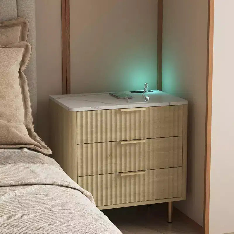JVNOXK Table de chevet intelligente avec station de recharge et veilleuse de 55,8 cm, Meuble de chevet moderne avec compartiment de rangement, Tons bois