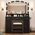 Coiffeuse, coiffeuse avec miroir et 9 ampoules LED, grands tiroirs et trois niveaux de rangement et d'étagères ouvertes pour chambre, blanc