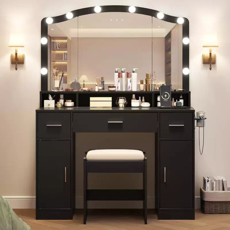 Coiffeuse, coiffeuse avec miroir et 9 ampoules LED, grands tiroirs et trois niveaux de rangement et d'étagères ouvertes pour chambre, blanc