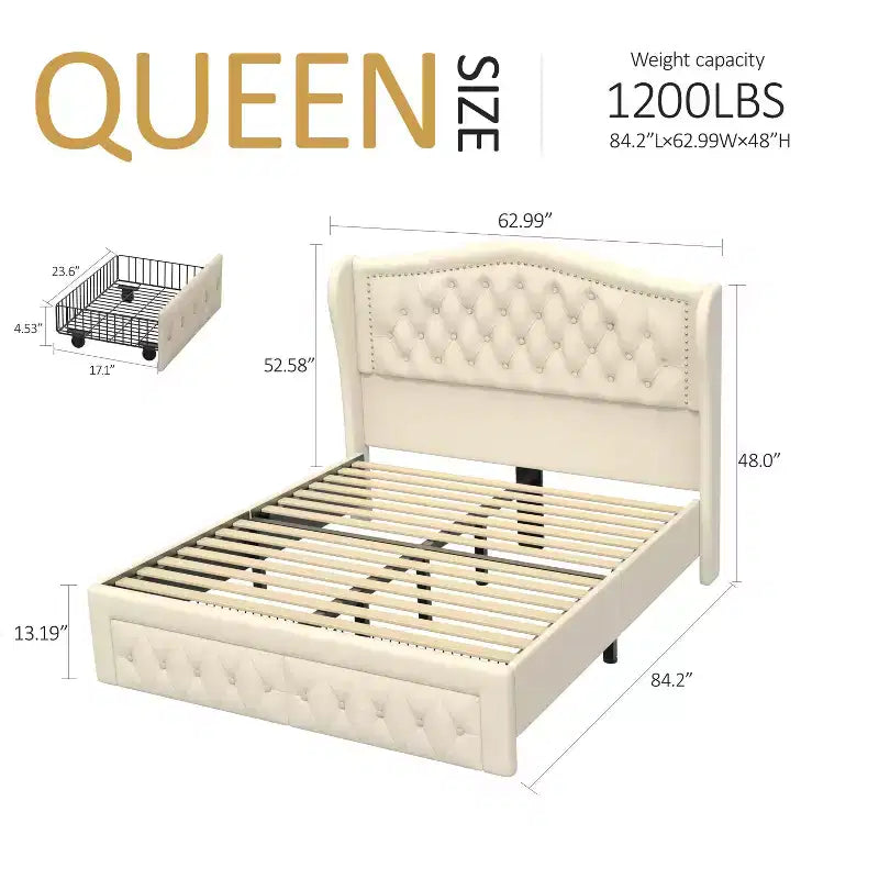 Cadre de lit plateforme Dyonery Queen Size, lit rembourré en velours avec tête de lit capitonnée à boutons profonds et ailes cloutées / Aucun sommier tapissier requis