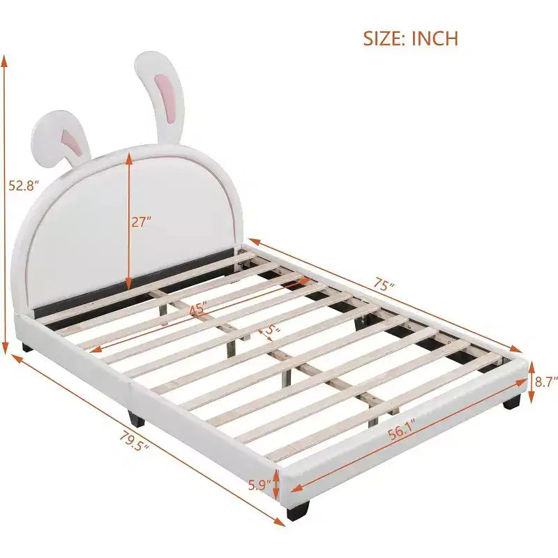 Cadre de lit double, cadre de lit avec ornement de lapin pour enfants, lit plateforme en cuir rembourré avec tête de lit à oreilles, montage facile, blanc