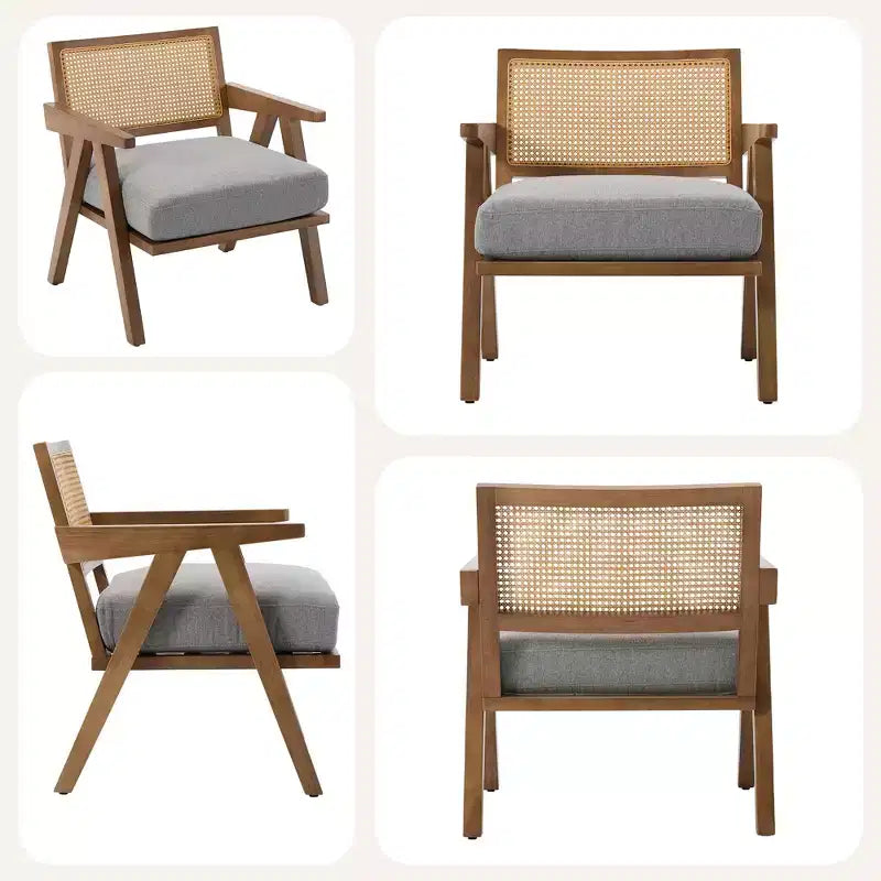 Fauteuil d'appoint de ferme du milieu du siècle - Fauteuil en bois avec dossier en rotin et coussin en lin pour salon, chambre