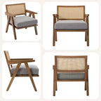 Fauteuil d'appoint de ferme du milieu du siècle - Fauteuil en bois avec dossier en rotin et coussin en lin pour salon, chambre