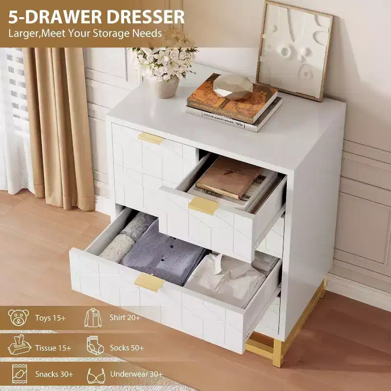 Commode de rangement moderne Acekool à 5 tiroirs avec poignées métalliques pour chambre, salon ou entrée - Blanc avec pieds en métal doré