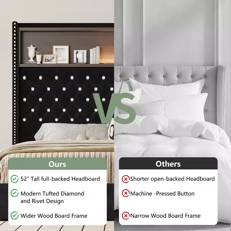 MAYEERTY Lit double en velours capitonné avec veilleuse, tête de lit haute de 52 po, décor de rivets, tête de lit de plateforme à oreilles avec étagère, pour chambre à coucher, noir