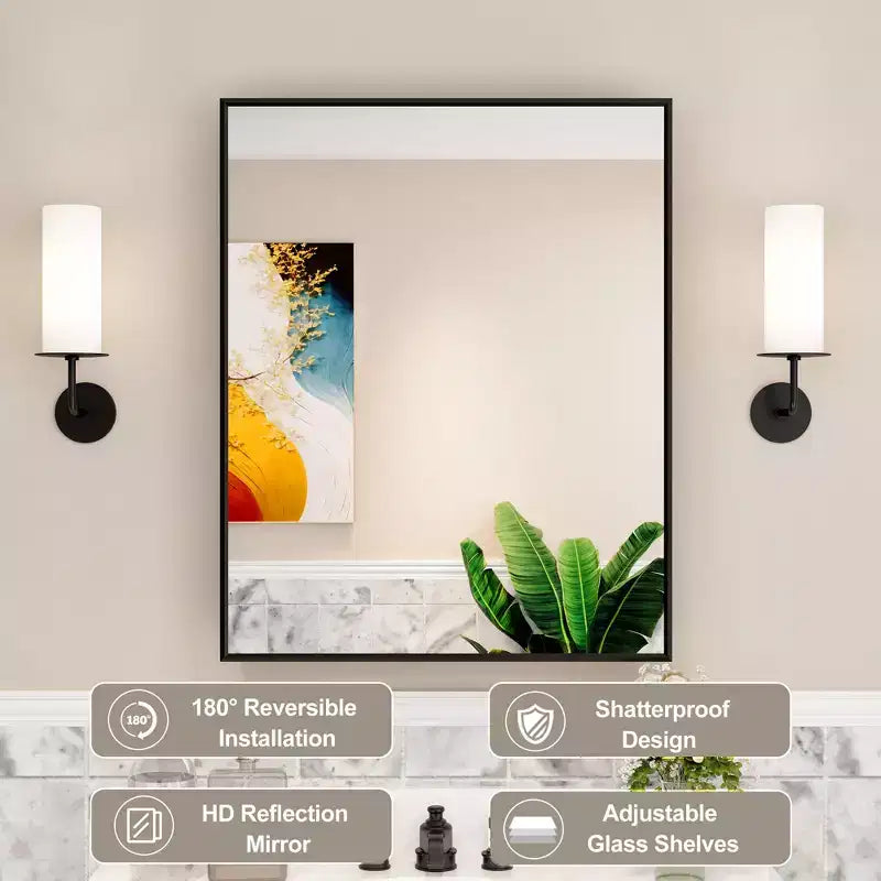 Armoire à pharmacie Elise avec miroir, armoire de salle de bain à montage en surface ou encastré, étagères réglables en verre trempé, réversible