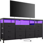 Commode noire de 160 cm pour chambre à coucher, commode à 10 tiroirs, meuble TV pour téléviseur de 65, 70, 75 pouces, commode en tissu avec lumières LED et prises de courant