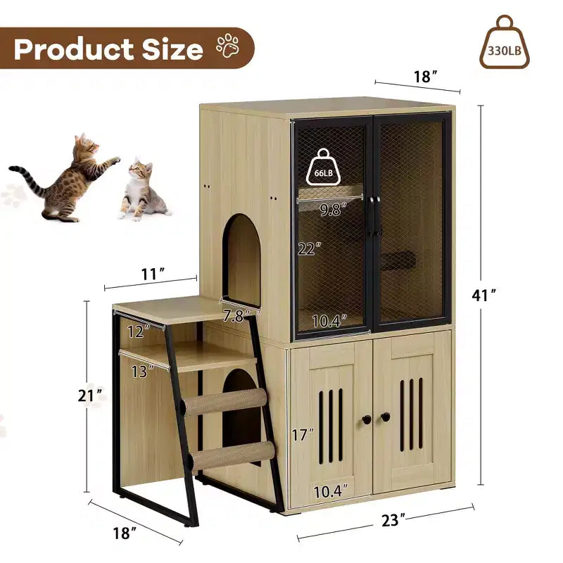 Meuble de litière pour chat GustomWave, armoire double cachée 2 en 1 avec bac à litière fermé et échelle, meuble pour chat en bois