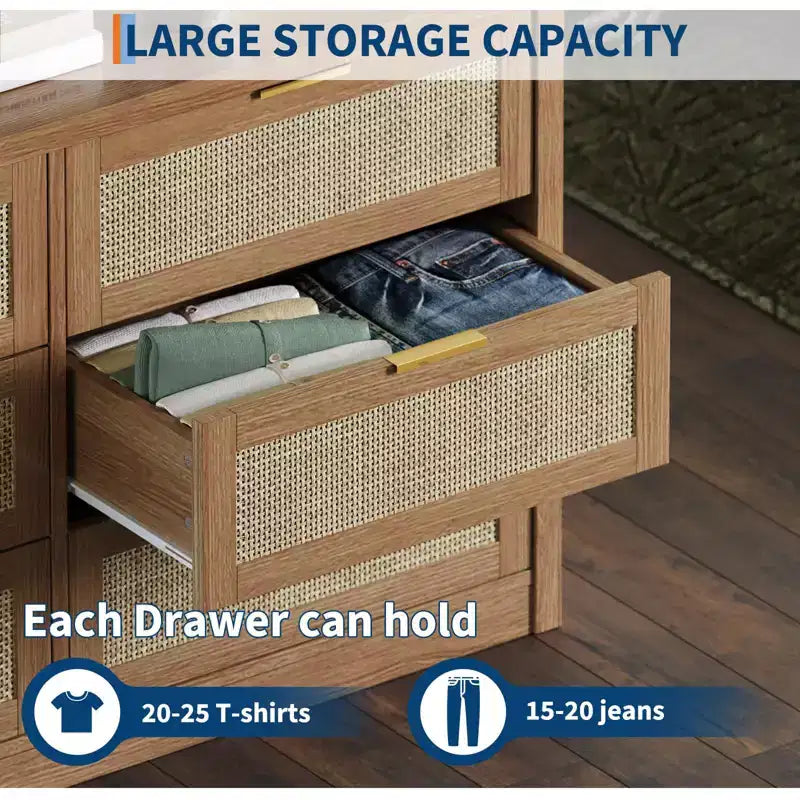 Commode à 6 tiroirs GustoWave pour chambre à coucher, commode en rotin de 133,8 cm de large, en bois avec poignées dorées, meuble TV de style ferme, table d'entrée, chiffonnier