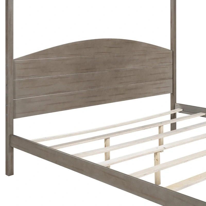 Lit plateforme à baldaquin King Size en pin avec tête de lit classique en bois, cadre de lit rembourré, aucun sommier tapissier requis, montage facile