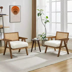 Fauteuil d'appoint de ferme du milieu du siècle - Fauteuil en bois avec dossier en rotin et coussin en lin pour salon, chambre