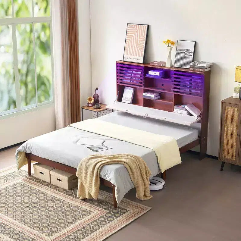 Cadre de lit en bois brun de luxe Karl Home, taille double, plateforme avec tête de lit capitonnée à LED, station de recharge