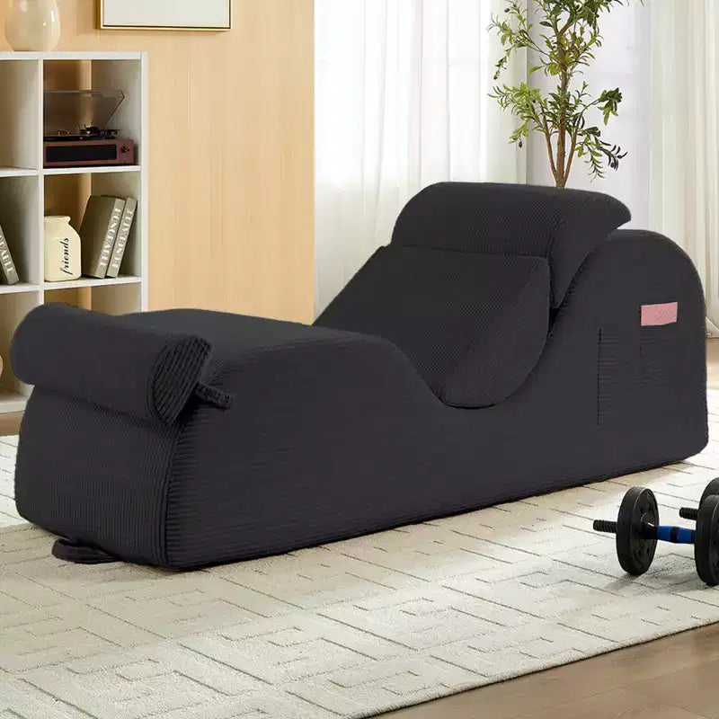 Mjkone Chaise Longue de Yoga en Velours Côtelé, Canapé de Yoga Incurvé avec Appui-Tête/Coussin Lombaire/Repose-Pieds Amovibles, Base Antidérapante