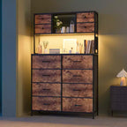 Commode de chambre, commode en tissu à 12 tiroirs, étagères ouvertes, plateau en bois et cadre en métal pour chambre à coucher, couloir ou salon