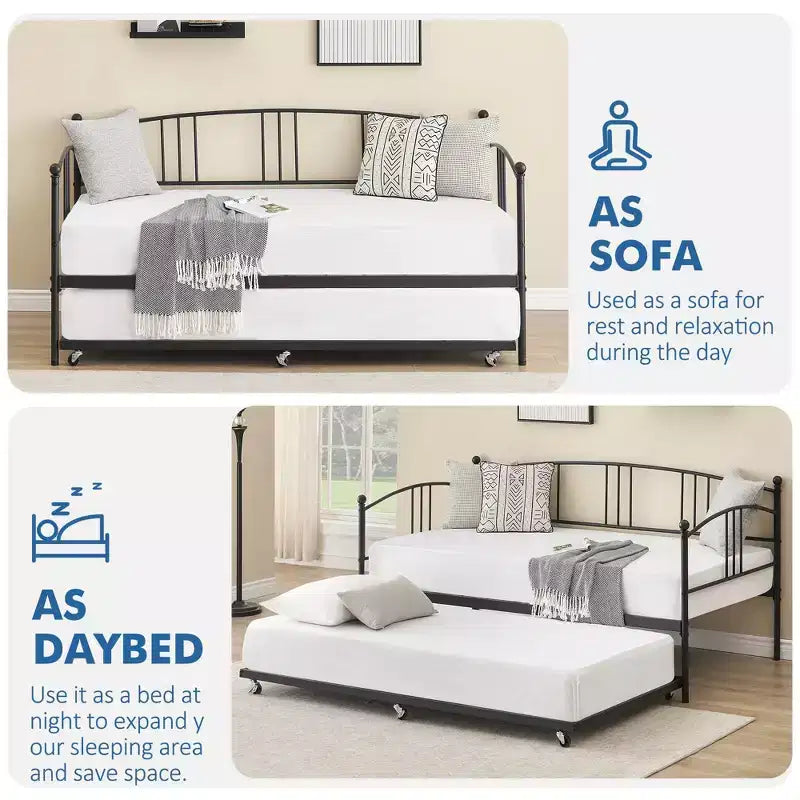 Lit de repos COZONY avec lit gigogne, lit de jour double en métal avec lattes en acier, tête de lit arquée, lit d'appoint peu encombrant pour salon et chambre, noir